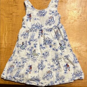 White Sleeveless Girls' Dress with Blue Floral and Character Print